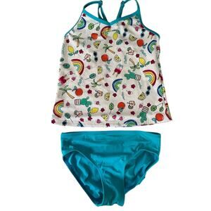Lands End teal and white two piece tankini bathing suit size 8